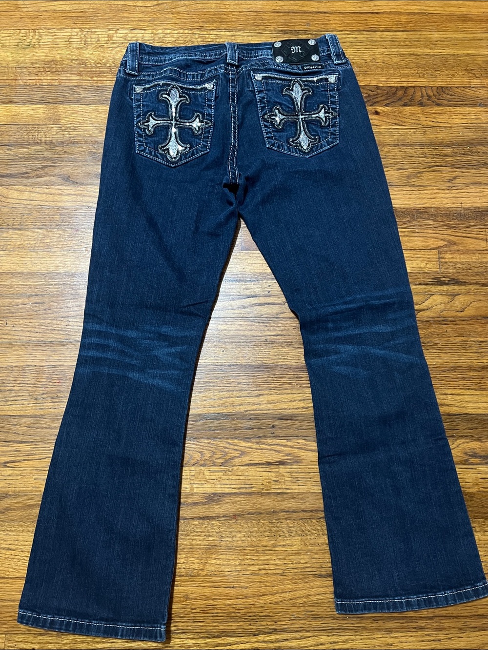 Y2K low rise Miss Me Dark Blue Bootcut Jeans with Silver Embellishments
